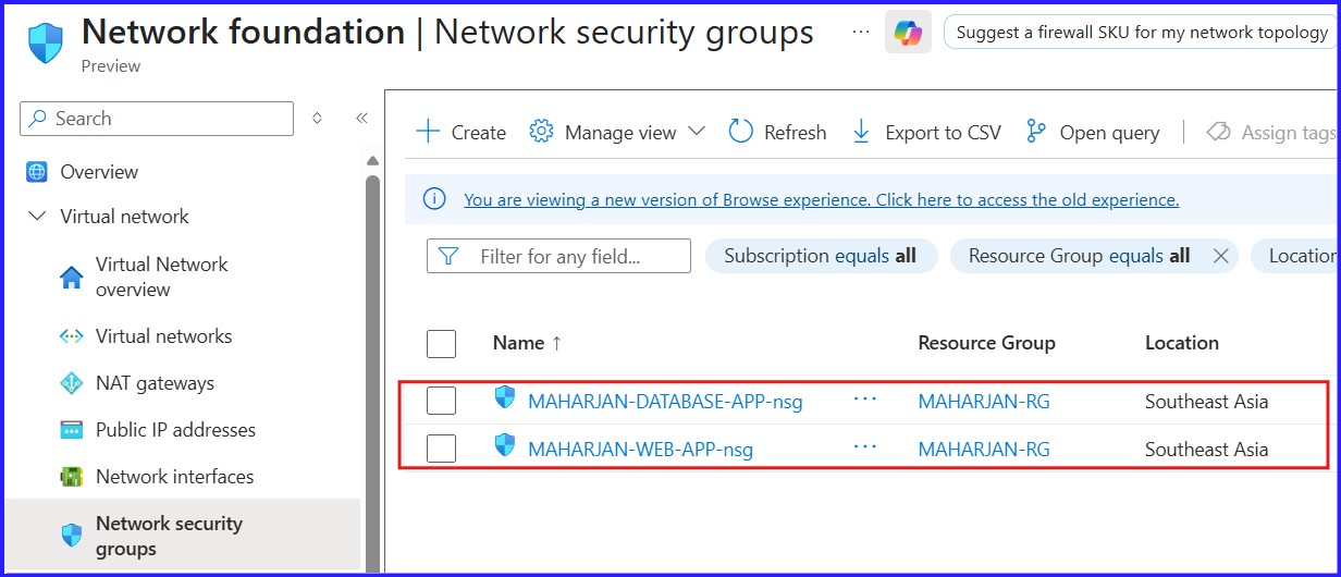 Created Network Security Groups (NSGs) for Webapp & Database.