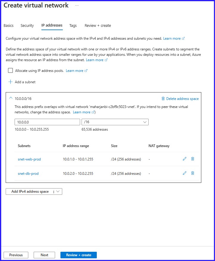 VNET Address Space with two Subnets
