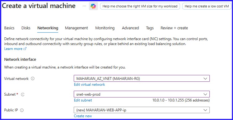VM-Web-Application choosing the Web Subnet.