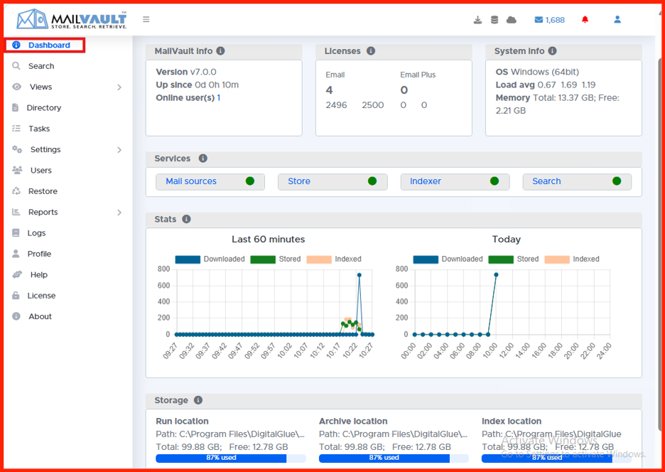 MailVault Main Dashboard Management View