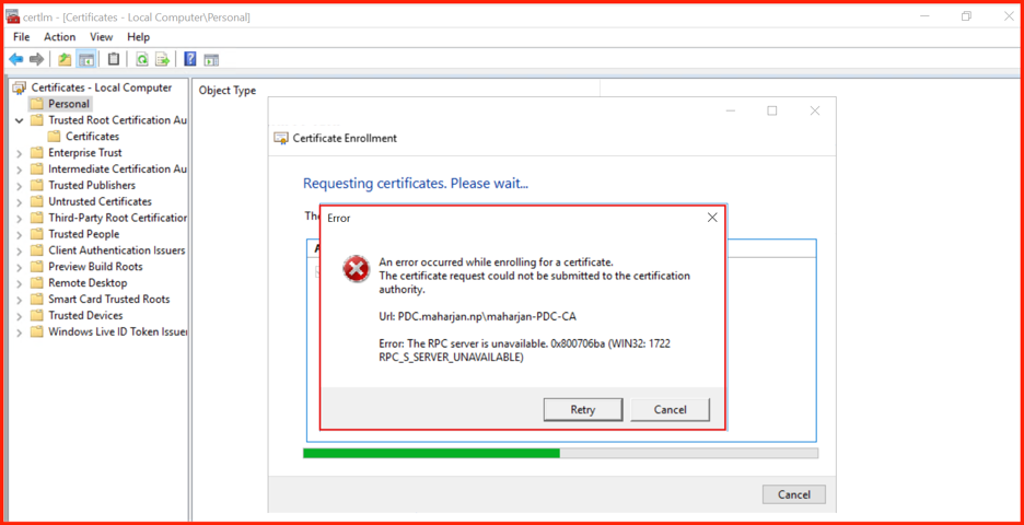 certlm error - RPC server unavailable