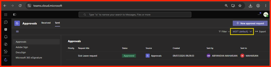 Default environment drop-down selection indicator highlighting MSFT