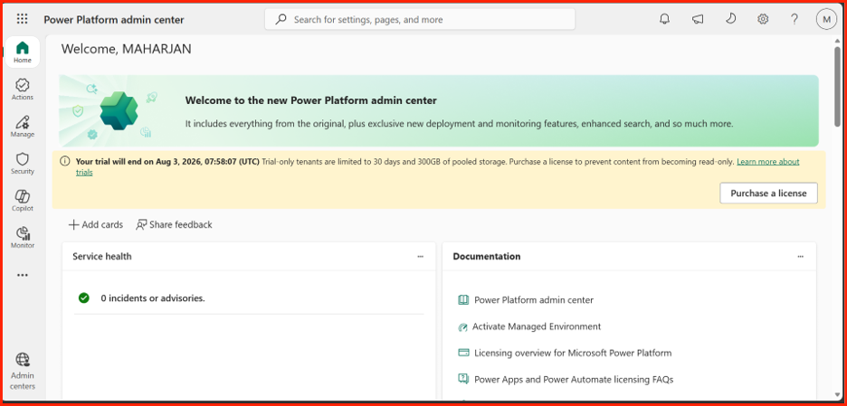 Power Platform Admin Center Main landing view