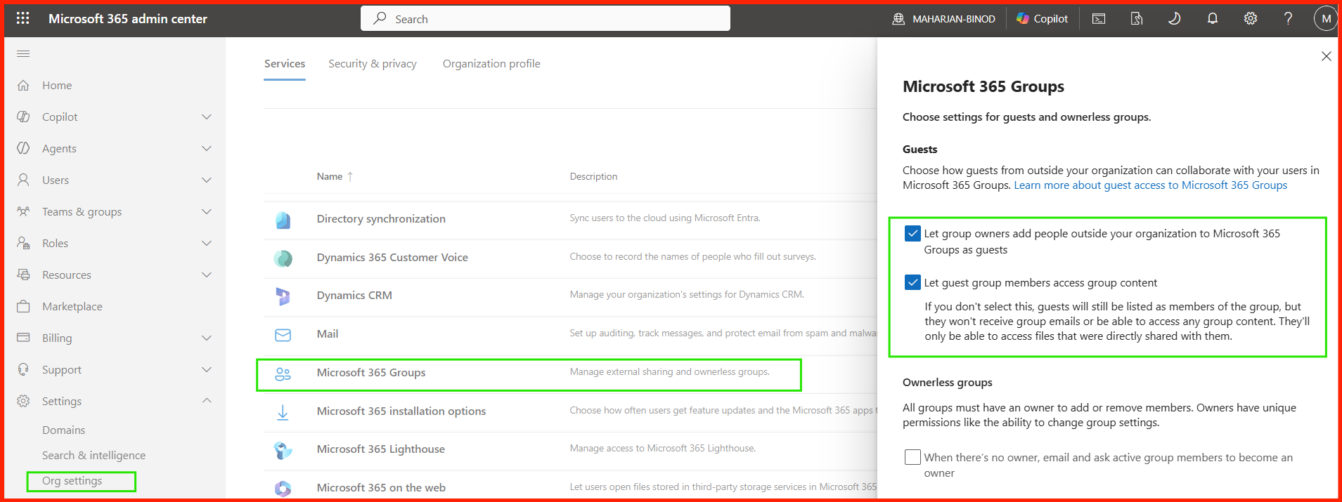 Microsoft 365 Admin Center Services Group Settings