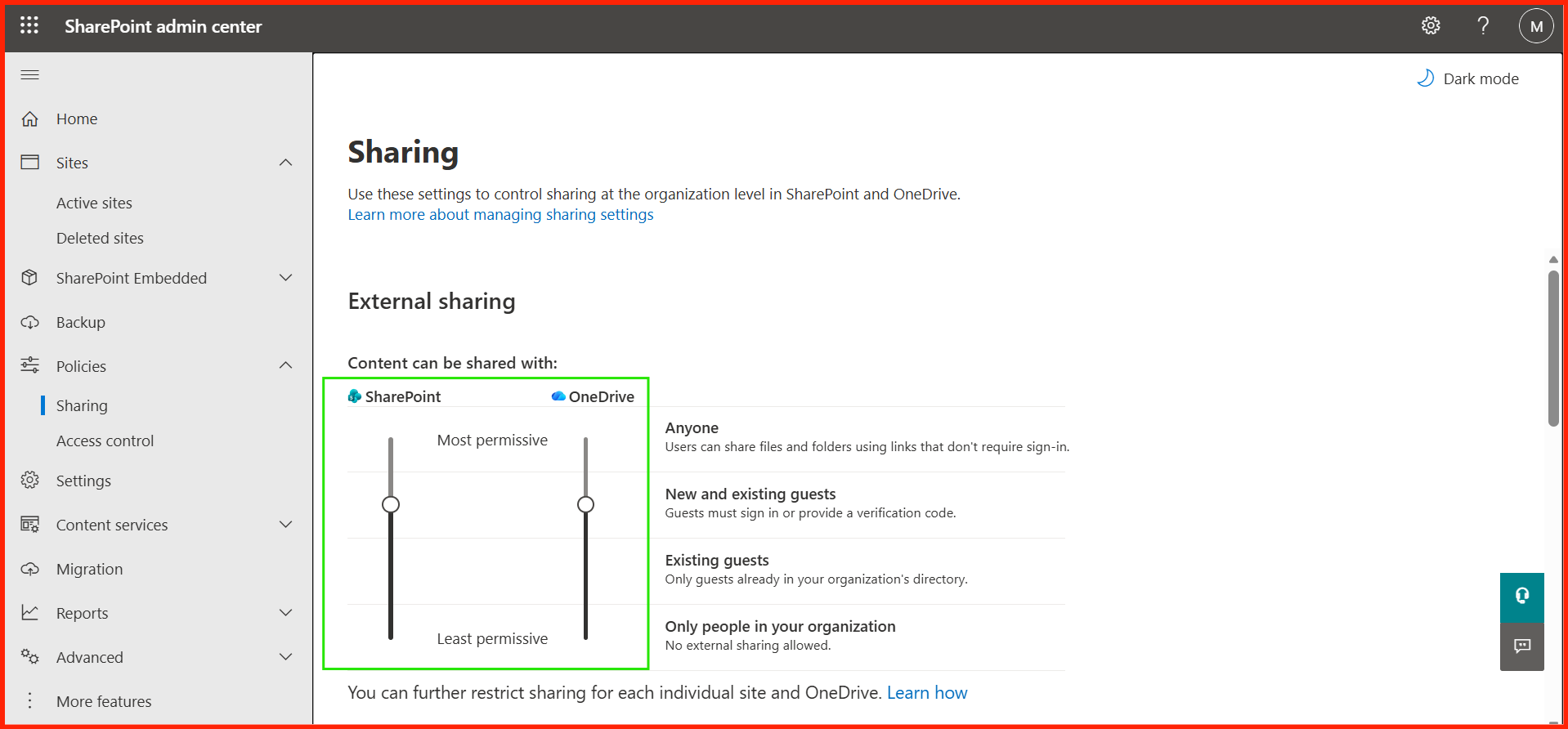 SharePoint Admin Center Content Sharing Permissions Slider