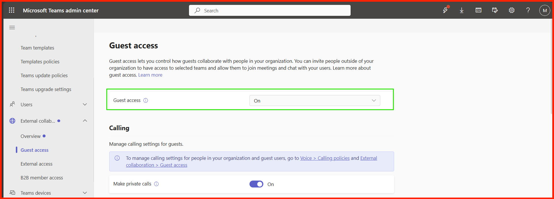 Teams Admin Center Global Guest Access Settings View