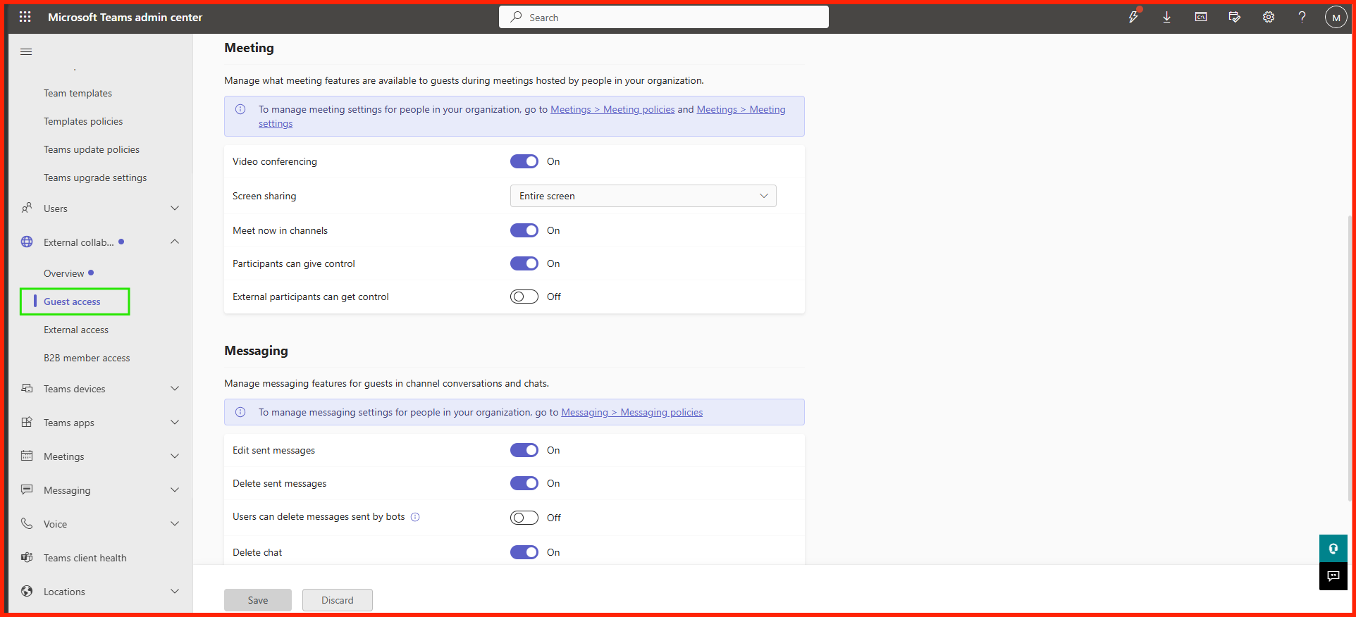 Teams Admin Center Guest Calling and Messaging Capabilities Grid
