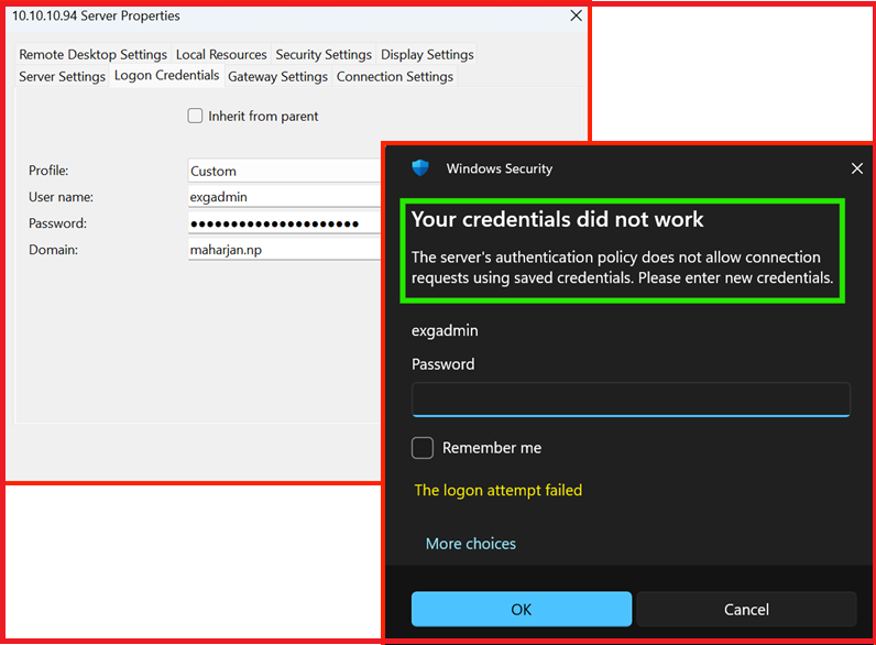 Screenshot 3: Error message – saved credentials not allowed