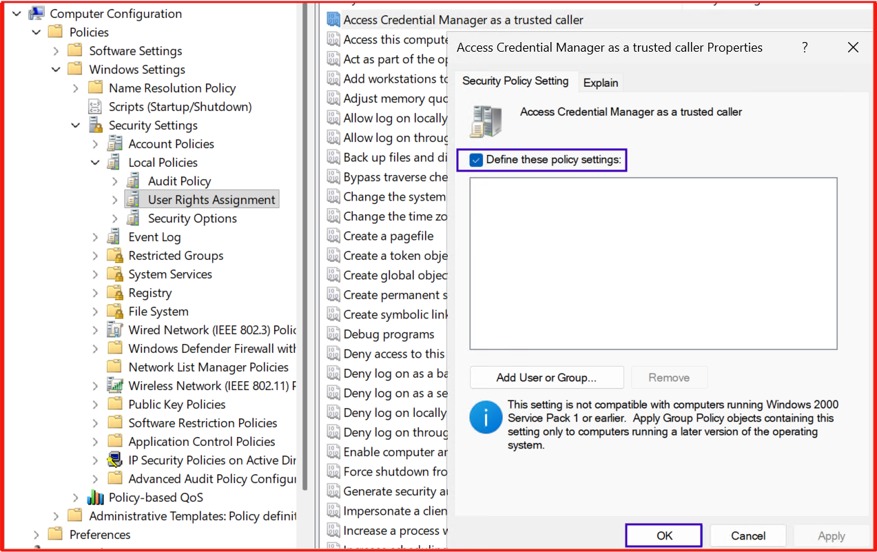 Screenshot 2: GPO policy enabled with empty user/group list