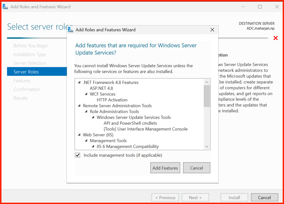 Selecting the WSUS server role in Server Manager
