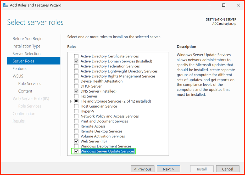 Selecting the WSUS server role in Server Manager