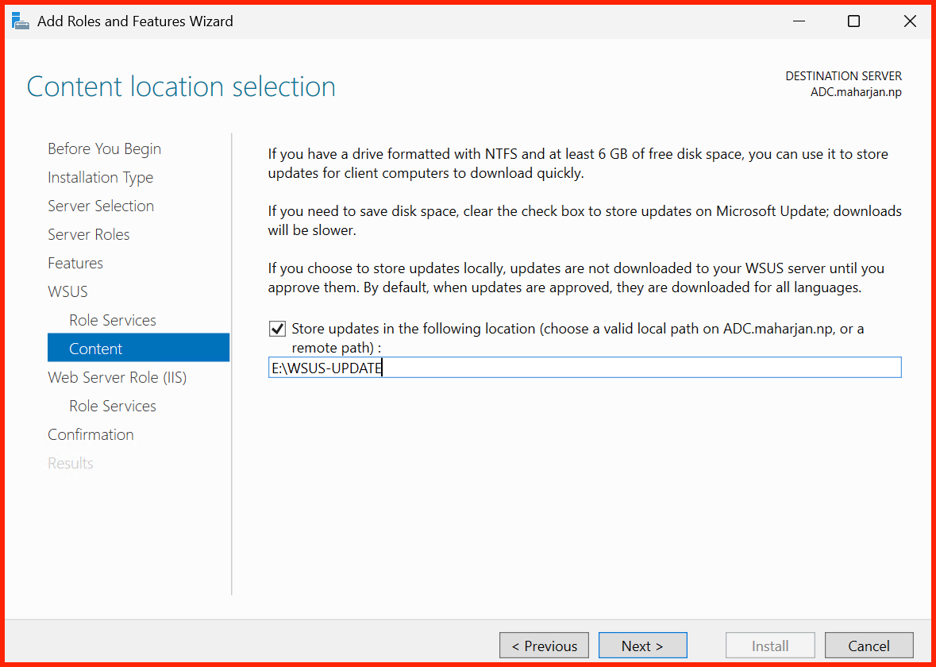 WSUS feature dependencies – WID selected by default