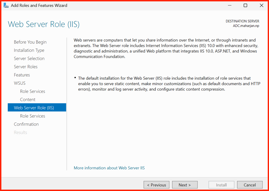 WSUS feature dependencies – WID selected by default