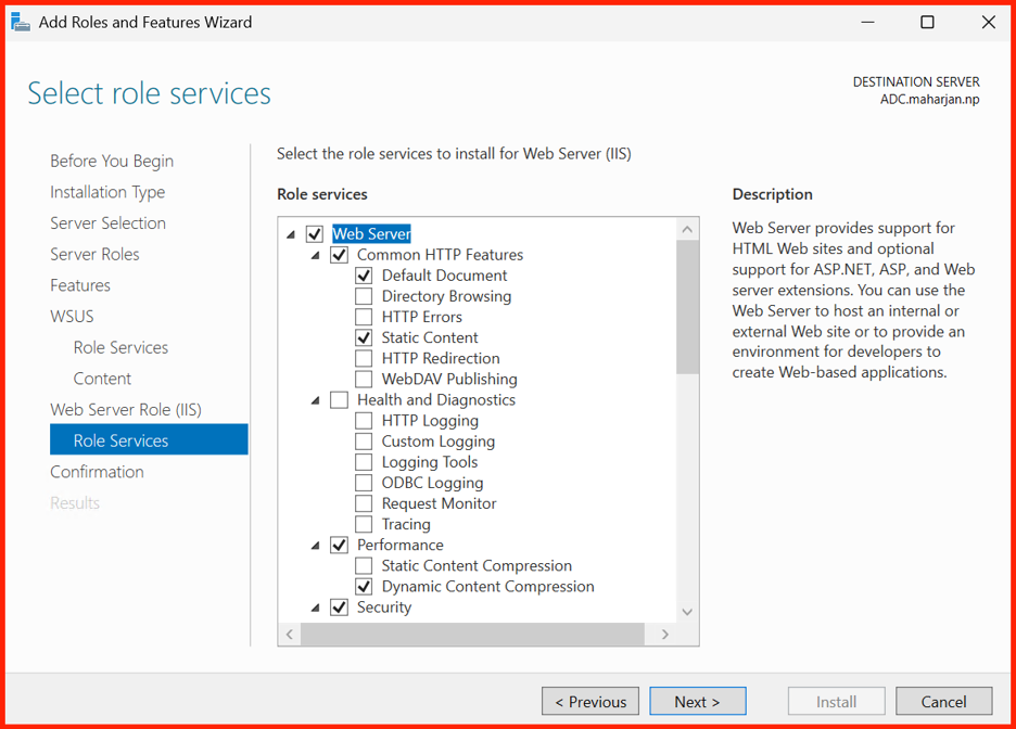 WSUS feature dependencies – WID selected by default