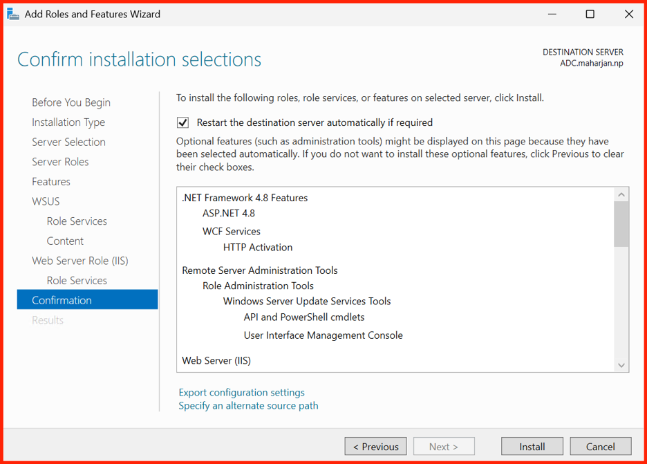 WSUS installation progress and completion