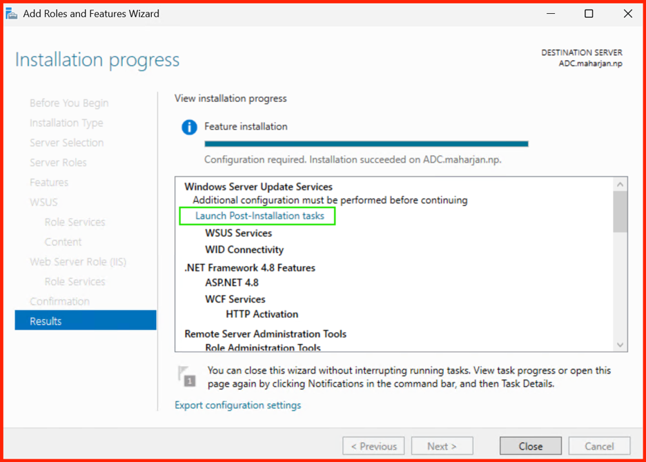 WSUS installation progress and completion