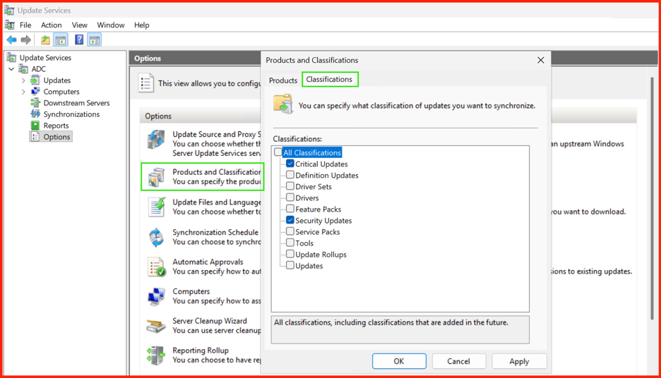 Selecting products and classifications in WSUS