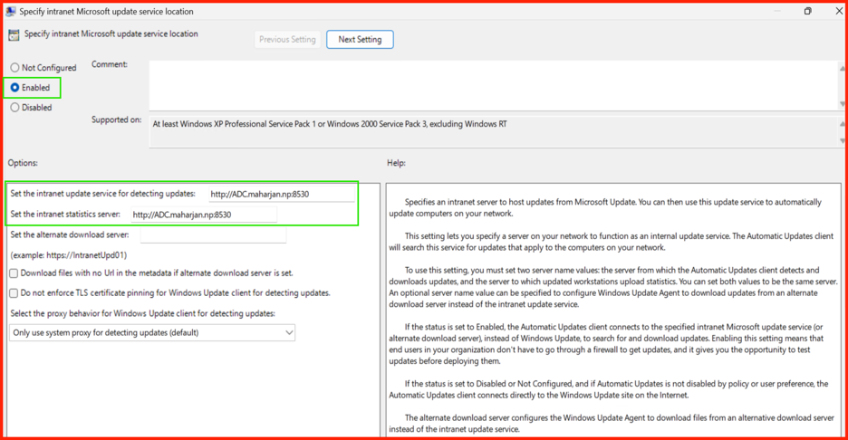 Specify intranet update service location policy