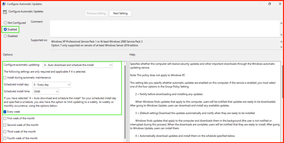 Configure Automatic Updates policy settings