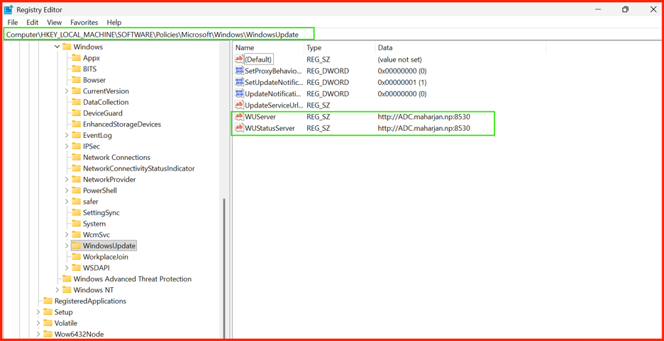 Registry check for WSUS URL