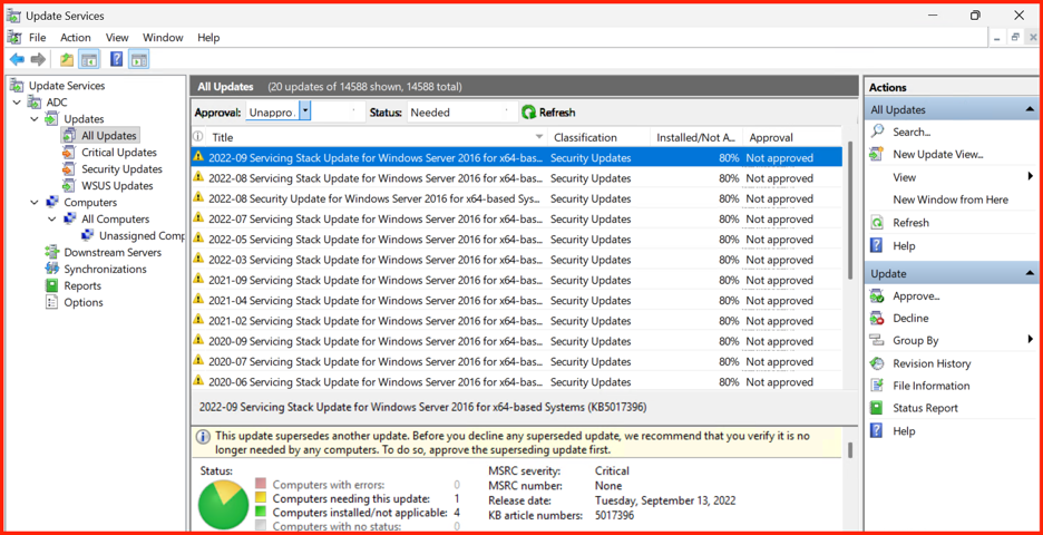 Filtering updates in the WSUS console